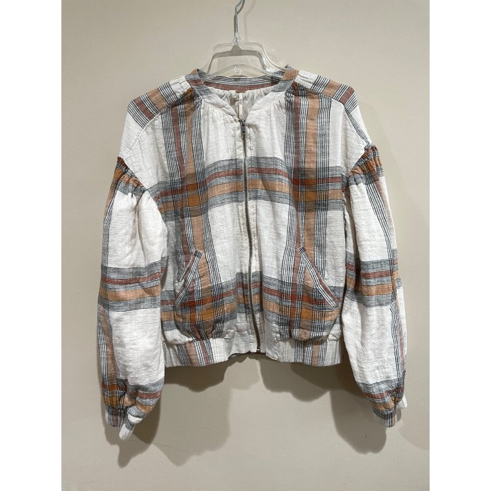 Free People Plaid Bomber Jacket - White, Brown, Gray